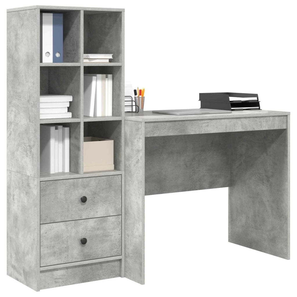 Scrivania | Tavolo da Ufficio con cassetto con lo scaffale 2 pz Grigio cemento