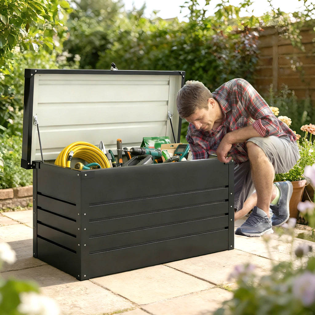 Box da giardino in metallo 350L ¨C Xylo ¨C doppia parete, coperchio impermeabile, chiusura, grigio 120x61x62cm