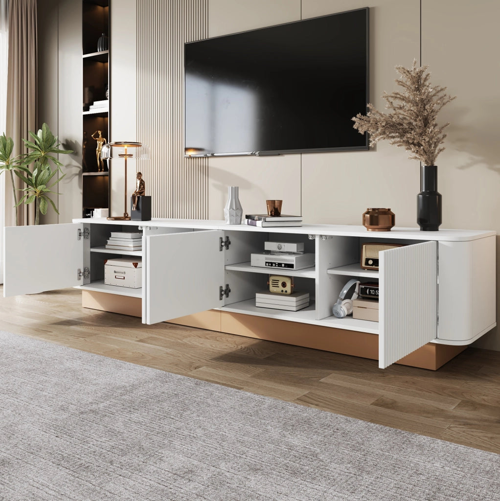 Mobile TV 200x40x47,5 cm a 4 ante in MDF bianco con ripiani regolabili