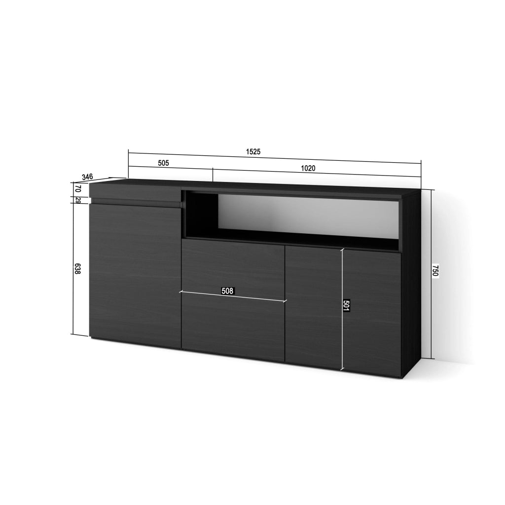 Credenza, Mobile, 150x35x75cm, 3 Porte, grande stoccaggio, Nero RF2512