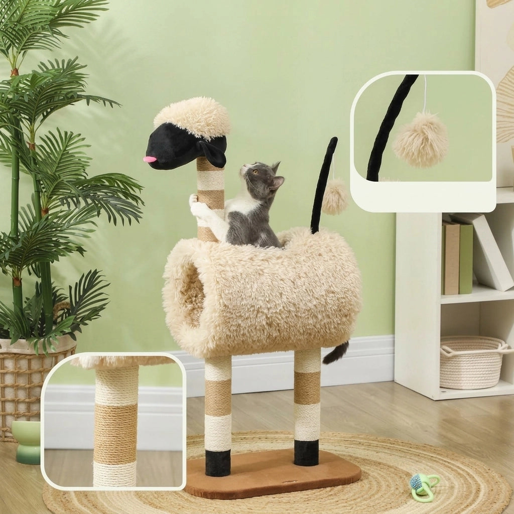 Albero per Gatti a Forma di Pecora con Tunnel e Gioco; 98 cm Marrone Chiaro