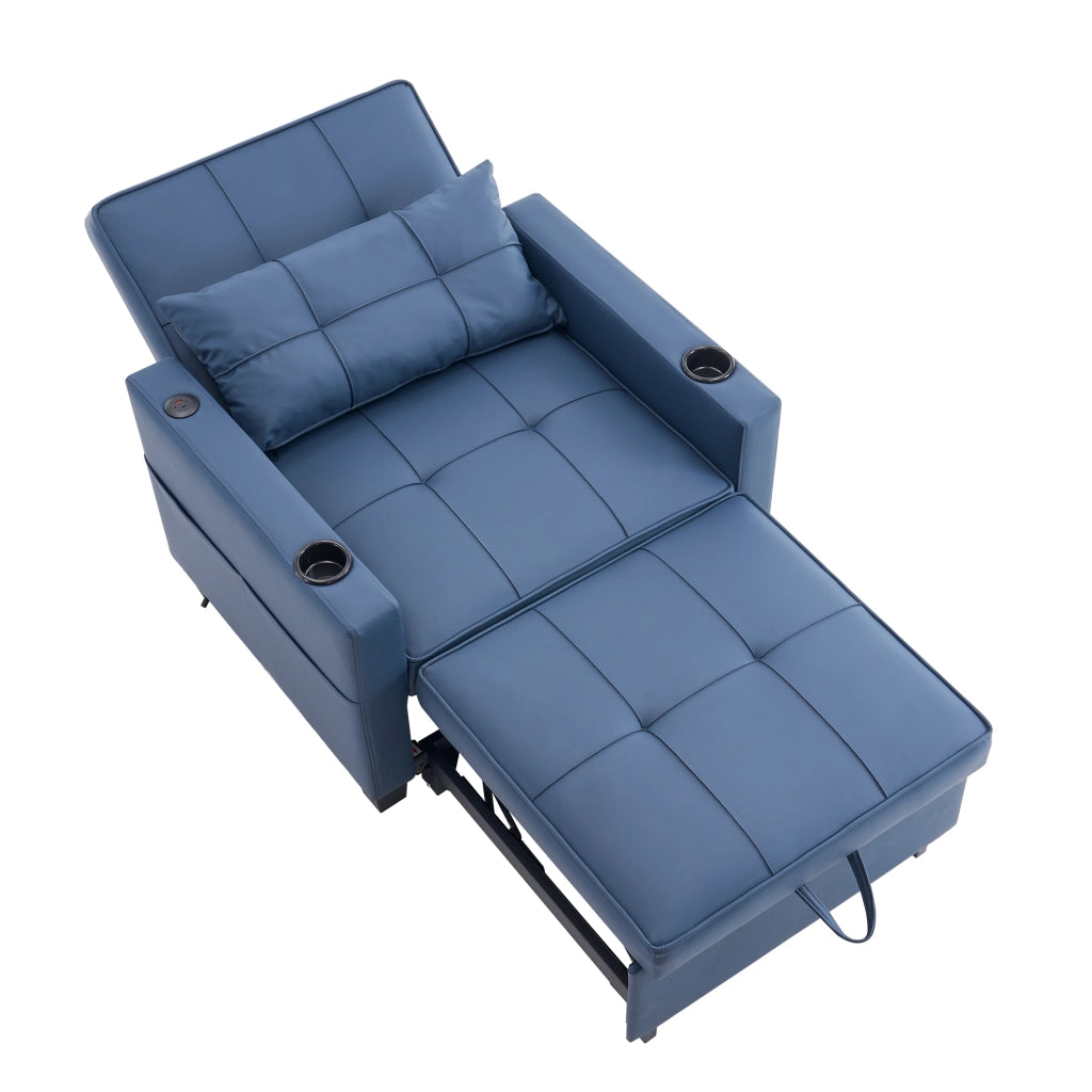 Poltrona letto 3 in 1 estraibile con schienale regolabile USB e tasca laterale in legno e metallo blu