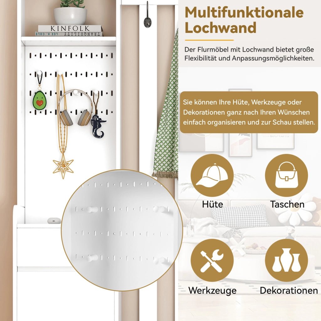 Mobile Ingresso con Panca Imbottita; Pannello Forato; 1 Anta; 1 Cassetto e 4 Ganci; in MDF; Bianco; 100??35??180 cm