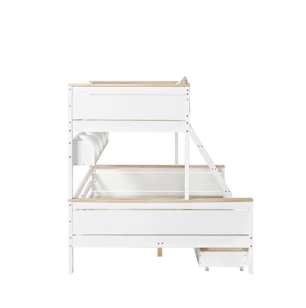 Letto a castello con mulino a vento; ripiani e 2 cassetti; pino e MDF; bianco/naturale