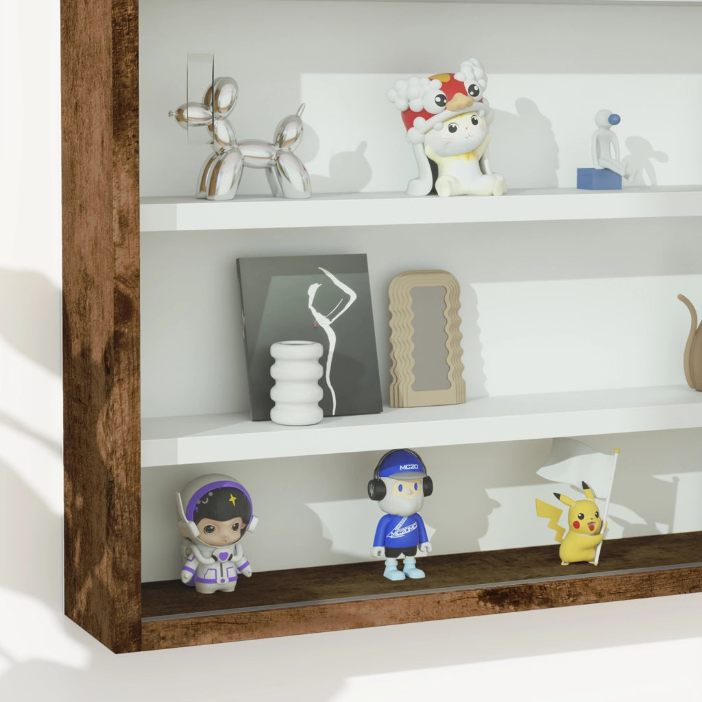 Bacheca Vetrina a Muro 4 Ripiani Regolabili 80x9,5x60 cm in Vetro e Legno Marrone