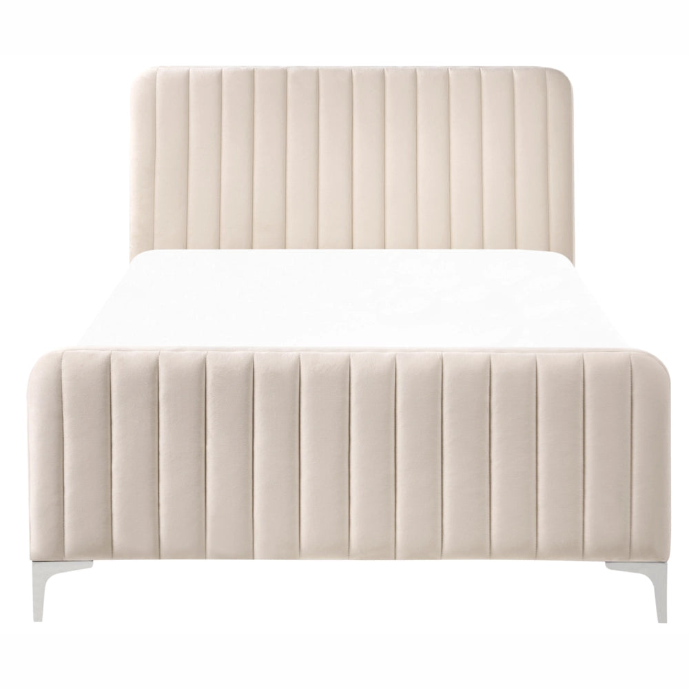 Letto matrimoniale in velluto con testiera trapuntata gambe in metallo da 120 x 200 cm e base a doghe beige Design moderno