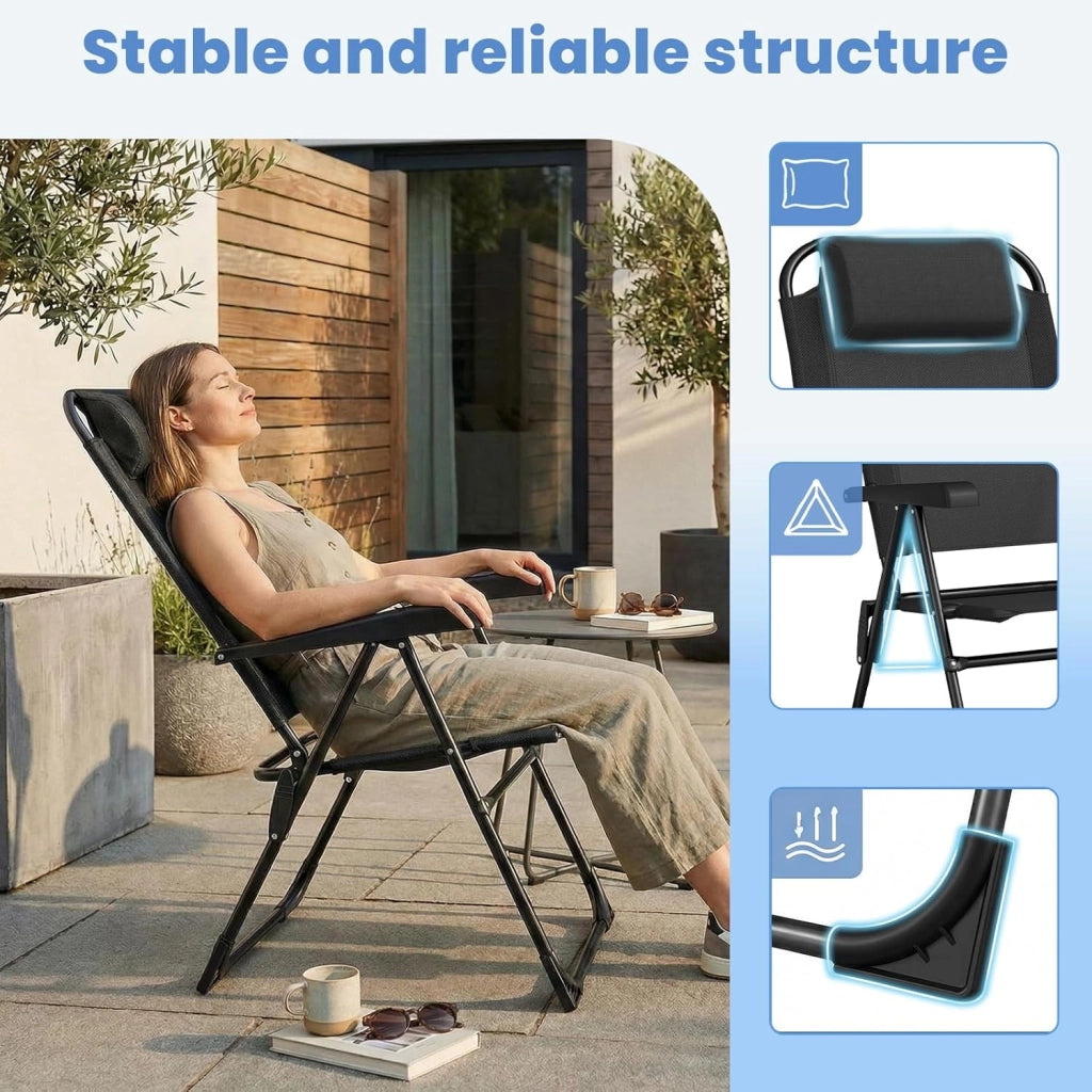 Set di 6 sedie da giardino, pieghevoli, da campeggio con poggiatesta, con 5 schienali regolabili, da balcone, da giardino, terrazza, campeggio, nero, 6 pezzi