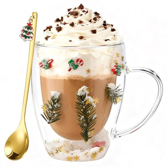 Bicchierino di vetro decorativo 350 ml con coperchio - Bicchiere doppio strato - Creativo bicchiere di vetro con cucchiaio - Regalo di Natale - Decorazione di Natale - Vetro di alta qualità - Bicchiere di Natale