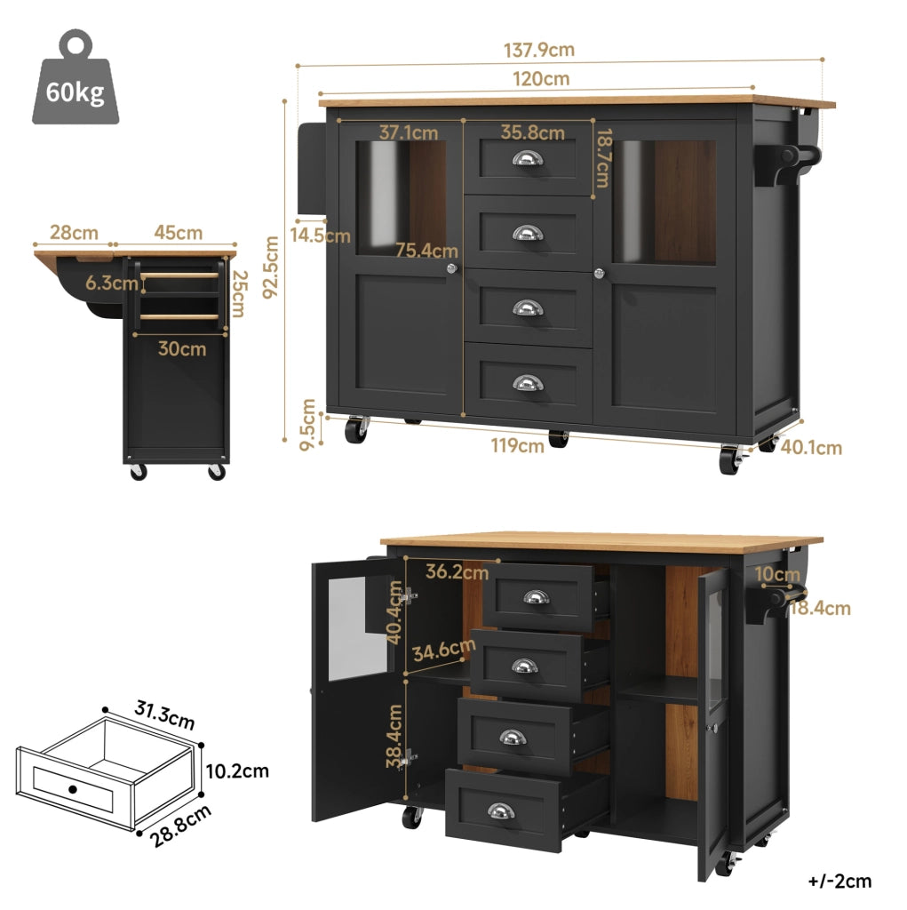 Isola da cucina 137.9x73x92.5 cm pieghevole con ruote in MDF e metallo nera