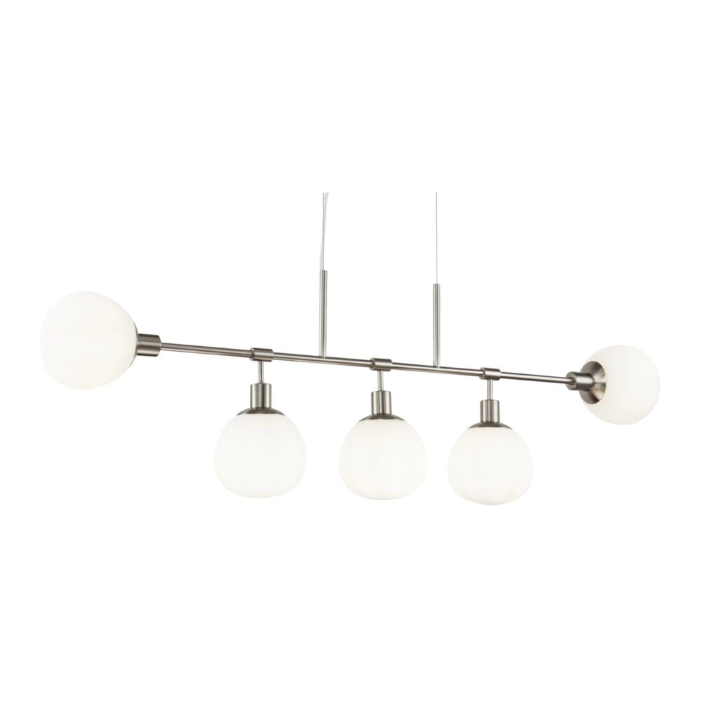 Lampadario Sospensione Erich Metallo Nichel 5 Luci E Diffusori Bianchi