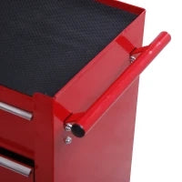 Carrello Porta Utensili con 5 Cassetti, Serratura, 2 Chiavi e Manubrio Parete Smontabile 2 Ruote con Freno in Lamiera d'Acciaio EVA Rosso 67,5x33x77cm