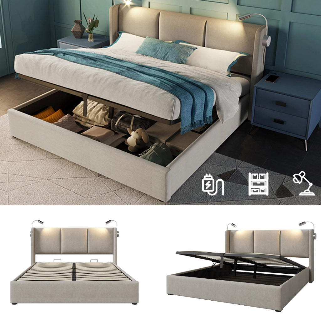 OKWISH Letto contenitore 160×200 cm, Letto Matrimoniale con Lampada da Lettura, USB e Tipo C, senza Materasso, in Lino, Beige