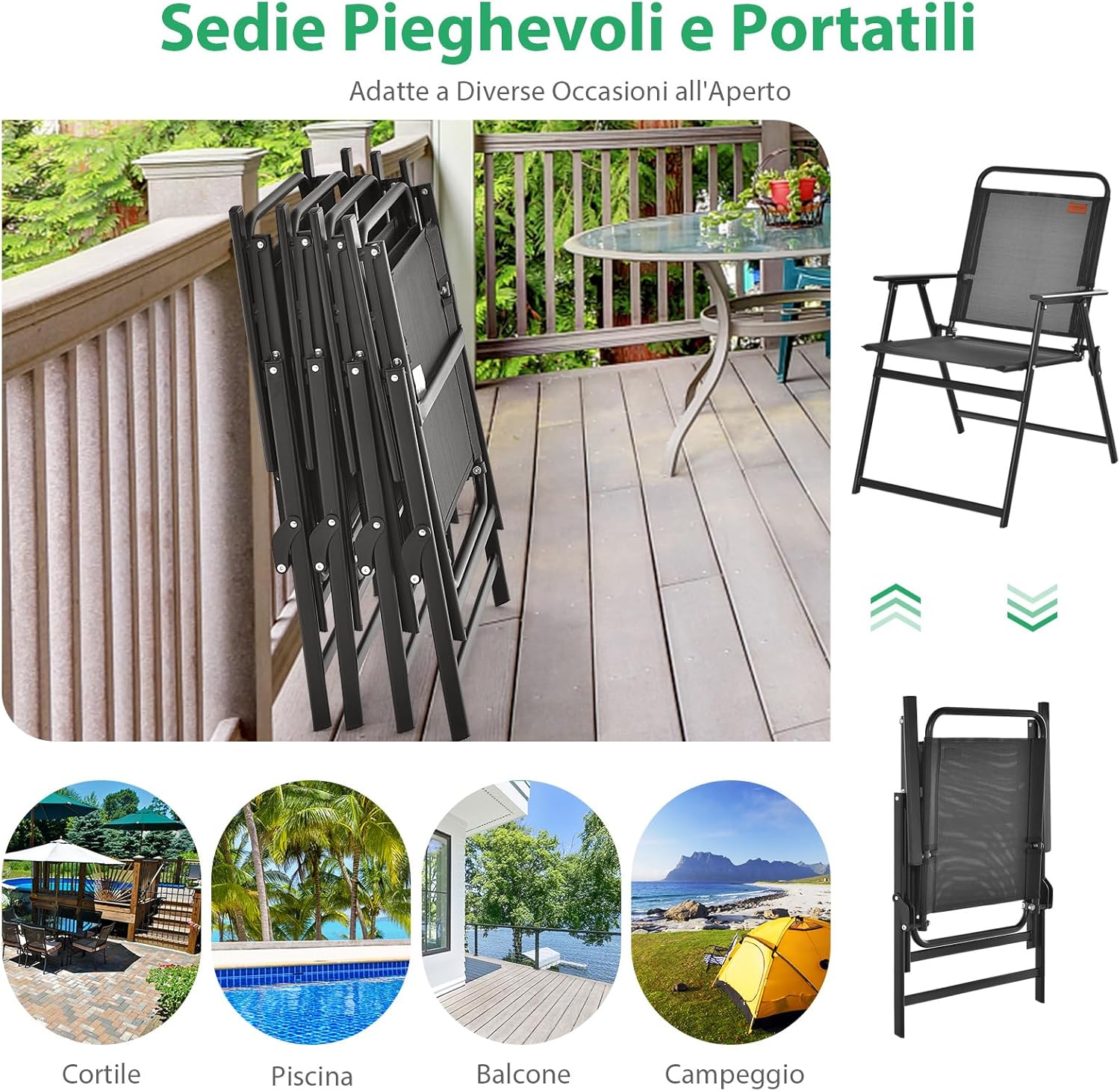 Sedie Pieghevoli da Esterno 4 Pezzi, Sedie da Giardino con Seduta Traspirante e Braccioli Accoglienti, Sedie con Telaio Robusto in Metallo da Giardino Terrazza Balcone Campeggio