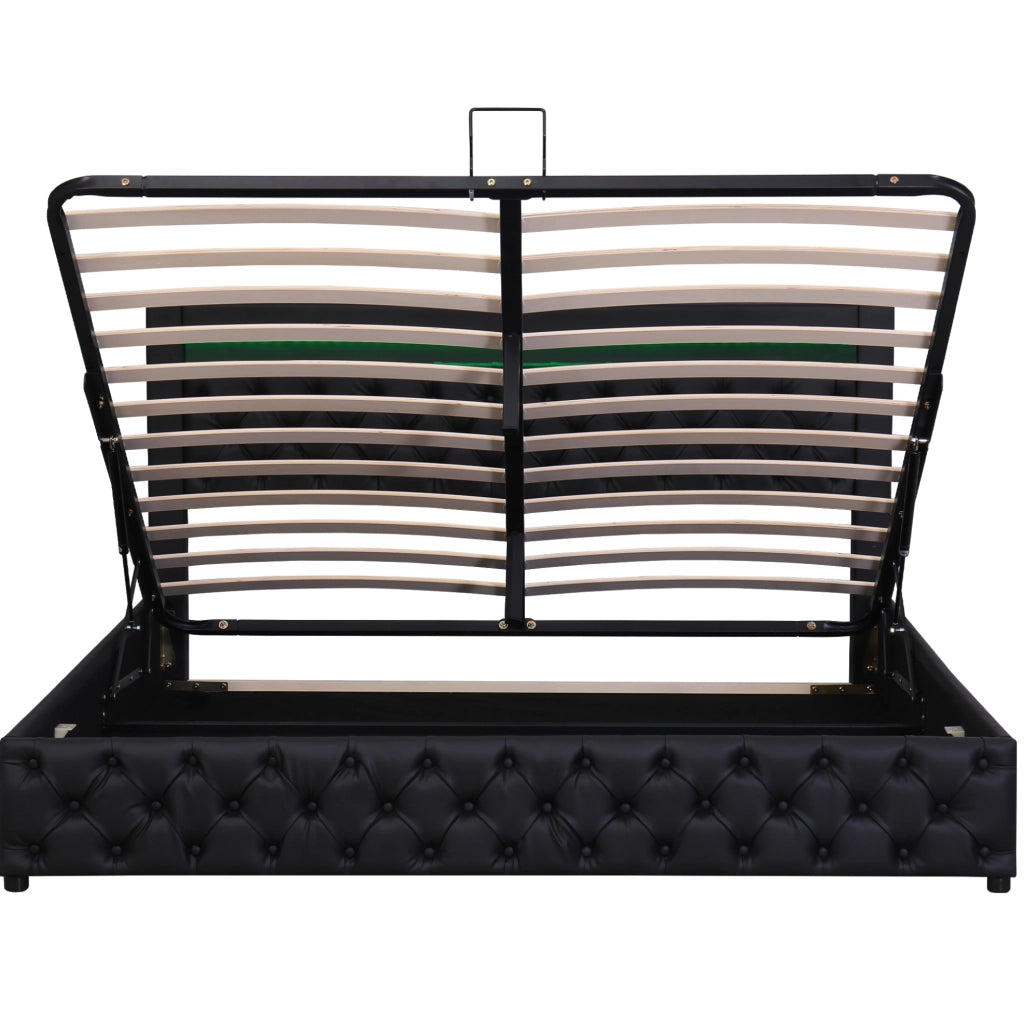 Letto imbottito 140x200 cm con contenitore; LED; PU nero