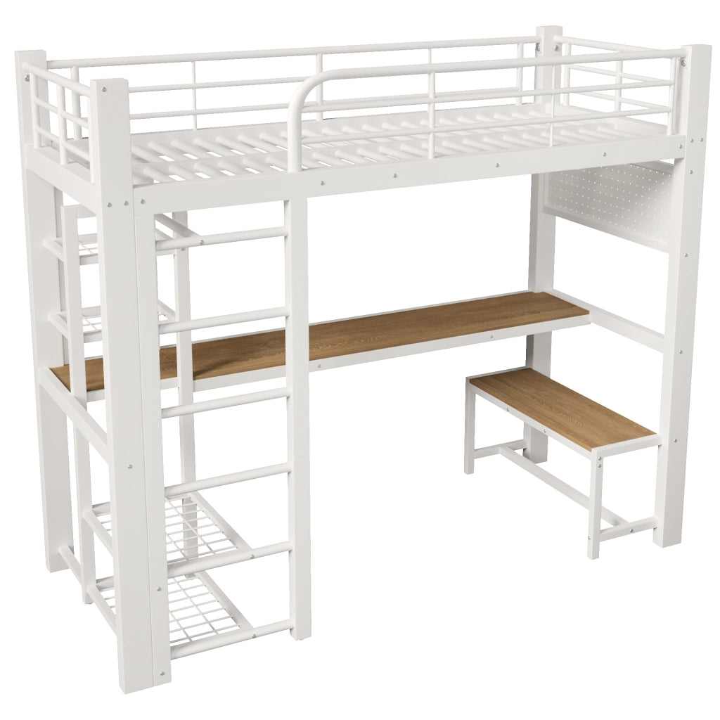 Letto a soppalco 90x200 cm in metallo bianco con scrivania; LED e ripiani