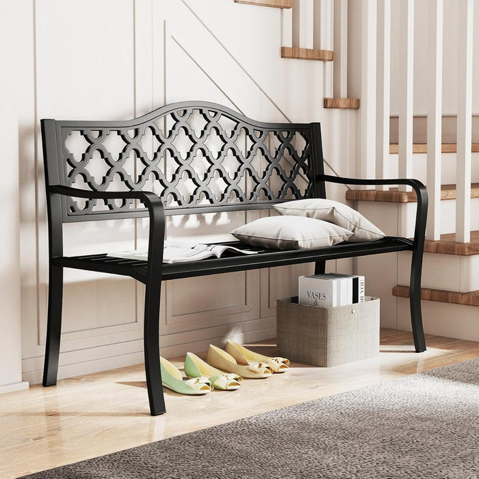 Panchina da patio da 128 cm per esterni, Panchina da giardino in metallo con doghe per 2-3 persone Nero-Panchine