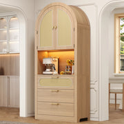 Armadio vetrina con ante in rattan e LED regolabile, 80x35x180 cm, con 3 cassetti, bianco e rovere chiaro