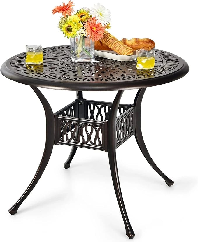 Tavolo da Pranzo Giaridno 91 cm, Tavolo da Bistro con Foro per Ombrellone da 5 cm, Tavolino Rotondo per Giardino Balcone Terazza, Portata 75 kg
