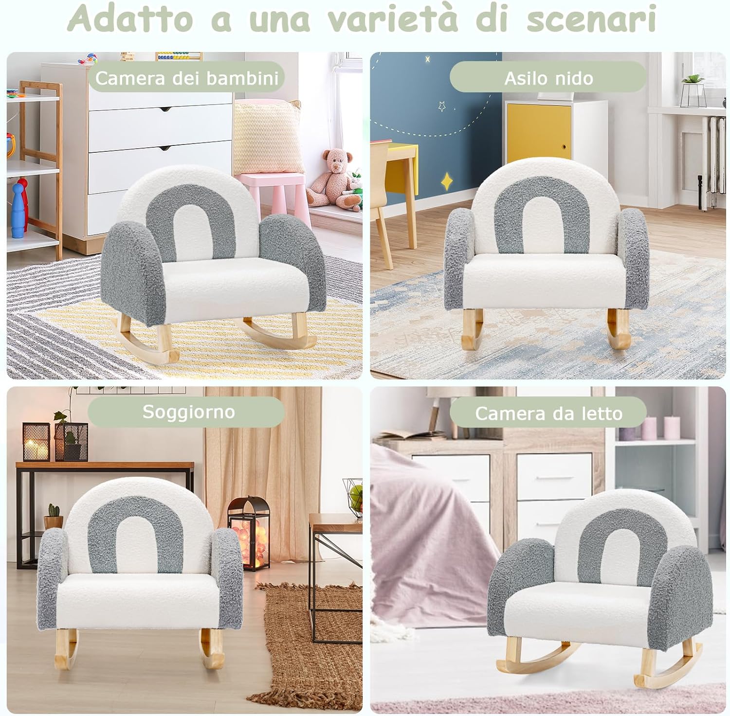 Sedia a Dondolo per Bambini con Gambe in Legno Massiccio, Poltrona a Dondolo per Bambini con Cuscinetti Antiscivolo, per Stanza dei Giochi, Camera da Letto, Scuola Materna (Grigio)