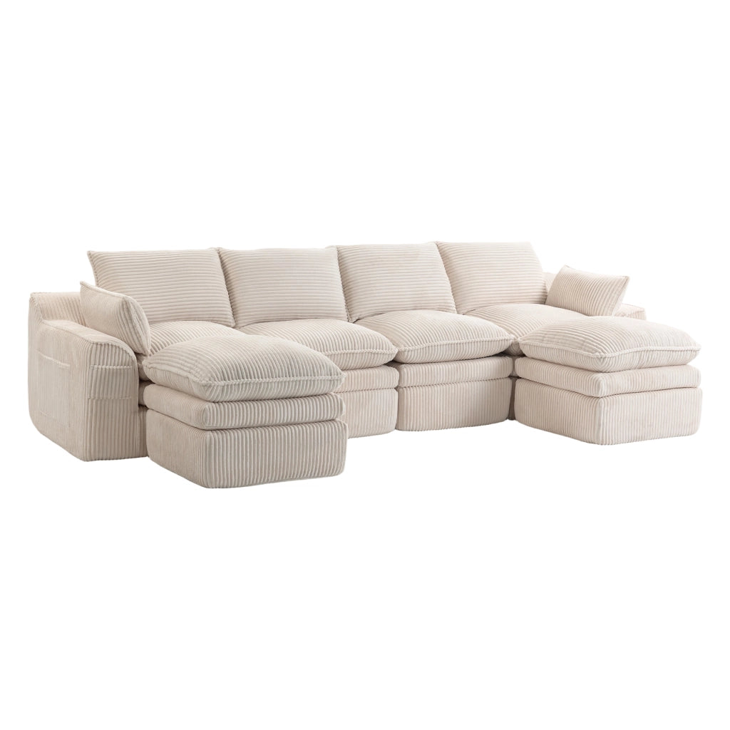 Divano modulare in corduroy beige con tasche laterali, cuscini inclusi e struttura in schiuma a 3 strati
