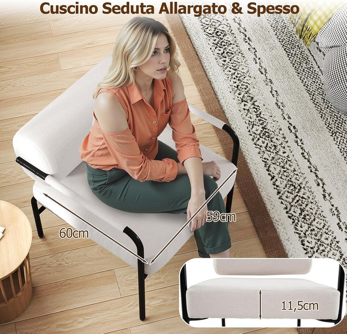 Poltrona da Salotto, Poltrona Ergonomica con Schienale Cilindrico e Braccioli in Metallo, Sedia Imbottita Laterale per Soggiorno, Camera da Letto e Sala Lettura, Portata 150 kg
