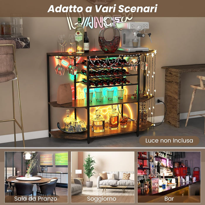Mobiletto Portabottiglie da Vino a 3 Livelli, con Ripiani di Stoccaggio, Porta Bicchieri, Porta Bottiglie, Prolunghe Elettriche, per Soggiorno Cucina, Bar, 120 x 40 x 92 cm (Marrone)
