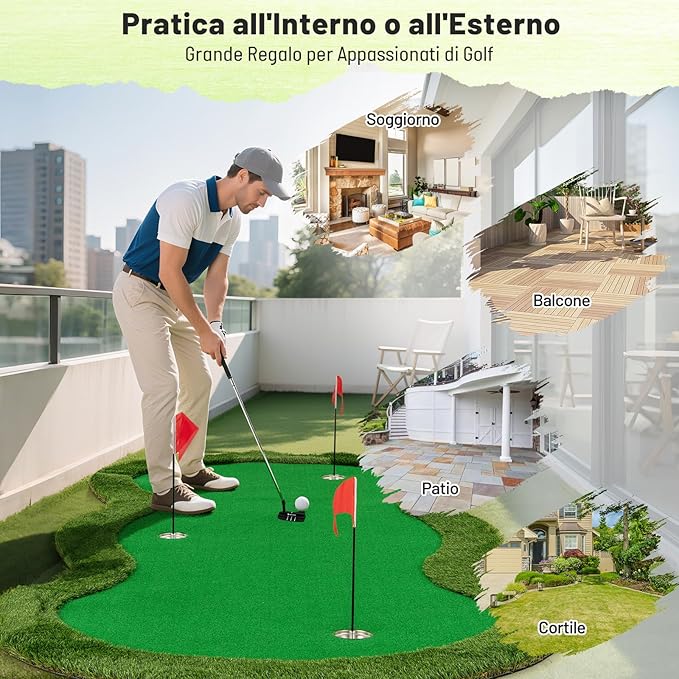 Putting Green, Tappetino da Interno per Putting con 3 Buchi e Palline da Golf, Tappetino da Golf per Casa, Ufficio, Giardino e Patio, 300 cm x 150 cm
