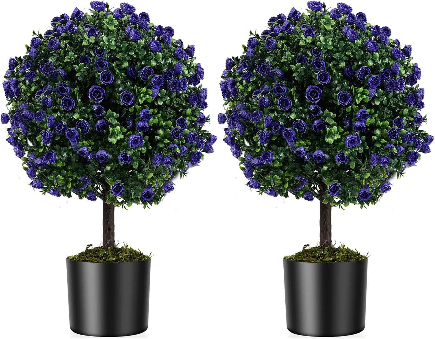 Set di 2 Alberi di Topiario Artificiale con Rose Viola, Albero di Bosso Finto da 55 cm con Vaso Riempito di Cemento, Pianta Finta Resistente al Sole per Interni ed Esterni