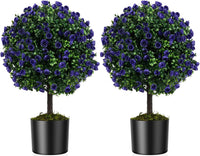 Set di 2 Alberi di Topiario Artificiale con Rose Viola, Albero di Bosso Finto da 55 cm con Vaso Riempito di Cemento, Pianta Finta Resistente al Sole per Interni ed Esterni