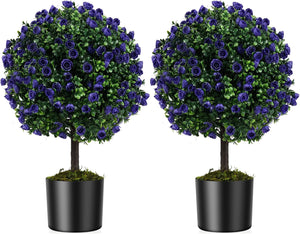 Set di 2 Alberi di Topiario Artificiale con Rose Viola, Albero di Bosso Finto da 55 cm con Vaso Riempito di Cemento, Pianta Finta Resistente al Sole per Interni ed Esterni