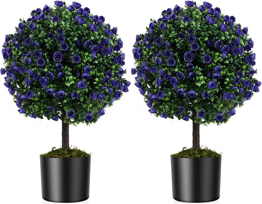 Set di 2 Alberi di Topiario Artificiale con Rose Viola, Albero di Bosso Finto da 55 cm con Vaso Riempito di Cemento, Pianta Finta Resistente al Sole per Interni ed Esterni