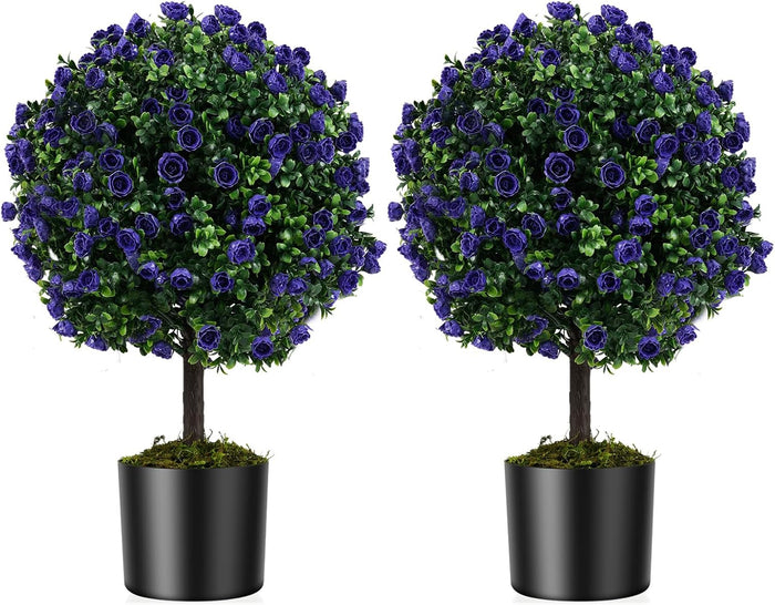 Set di 2 Alberi di Topiario Artificiale con Rose Viola, Albero di Bosso Finto da 55 cm con Vaso Riempito di Cemento, Pianta Finta Resistente al Sole per Interni ed Esterni