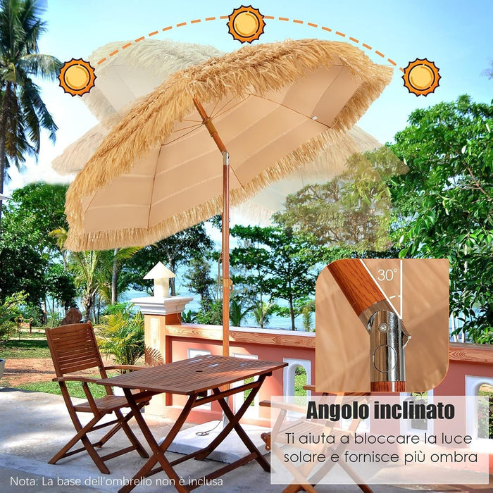 Ombrellone di Paglia 200 cm (Diametro Interno 175 cm), Ombrellone da Spiaggia Pieghevole, Parasole Hawaiano con Inclinabile in Metallo, Spiaggia e Balcone (Naturale)