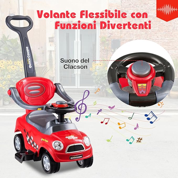 3 in 1 Macchina Cavalcabile a Spinta per Bambini, con Guardrail Staccabili e Maniglia Clacson, Spazio di Archiviazione Nascosto e Design Anti-ribaltamento, Ideale per Bambini 2-6 Anni (Rosso)