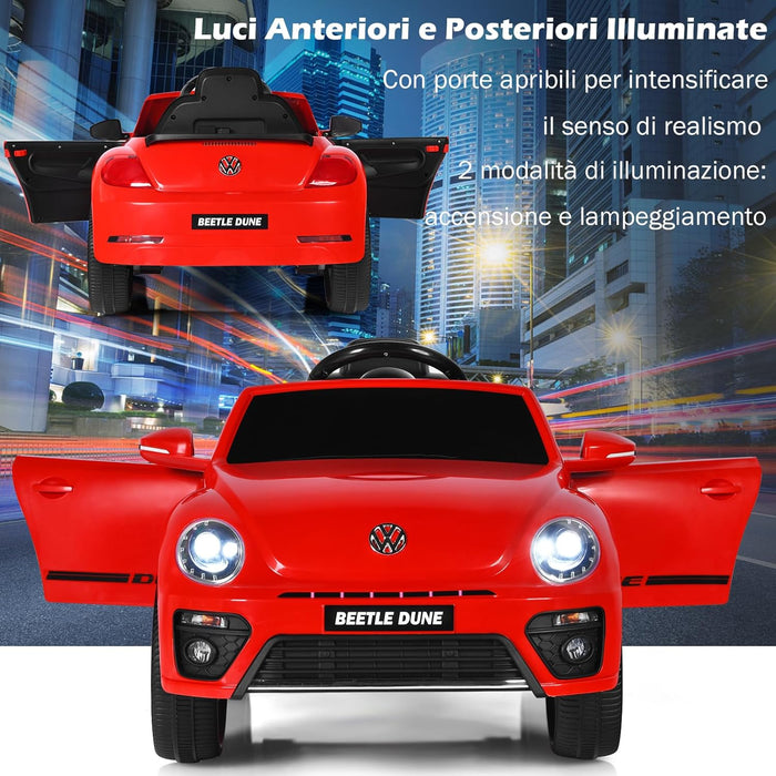 12V Volkswagen Macchina Elettrica per Bambini, Auto Elettrica con Telecomando Luci Musica Doppia Porta, 5km/h Carico 30kg, per Bambini 3-8 Anni (Rosso)