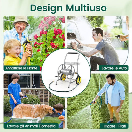 Carrello Avvolgitubo da Giardino, Capacità di 70 m per Tubi da 20 mm, Carrello per Tubo da Esterno in Metallo Robusto con 2 Ruote e Cestino Portaoggetti, per Giardino, Prato e Patio (Argento)
