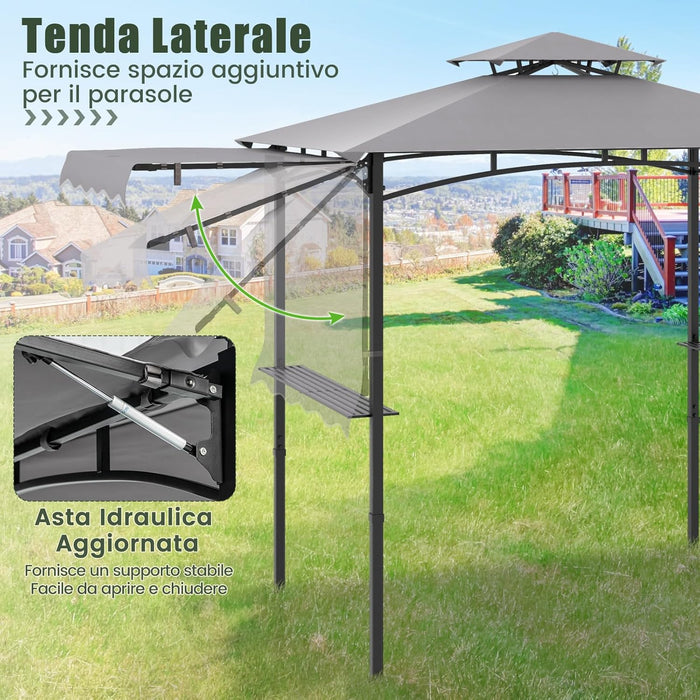 Gazebo per Barbecue, Pergola per BBQ con Tendalino Laterale, Tetto a 2 Livelli, 2 Ripiani Laterali, Ganci Appesi, Apribottiglie, per Giardino e Cortile, 318 x 153 x 250 cm (Grigio)