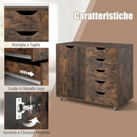 Mobiletto con 5 Cassetti e Anta, Cassettiera per Documenti con 5 Ruote e Ripiano Regolabile, per Soggiorno, Ufficio e Cucina, 79 x 40 x 65 cm (Marrone)