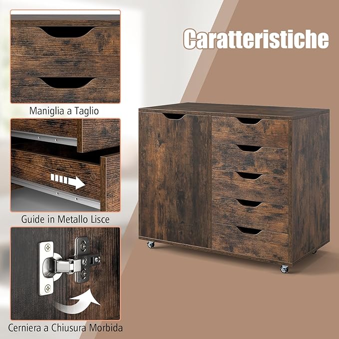 Mobiletto con 5 Cassetti e Anta, Cassettiera per Documenti con 5 Ruote e Ripiano Regolabile, per Soggiorno, Ufficio e Cucina, 79 x 40 x 65 cm (Marrone)
