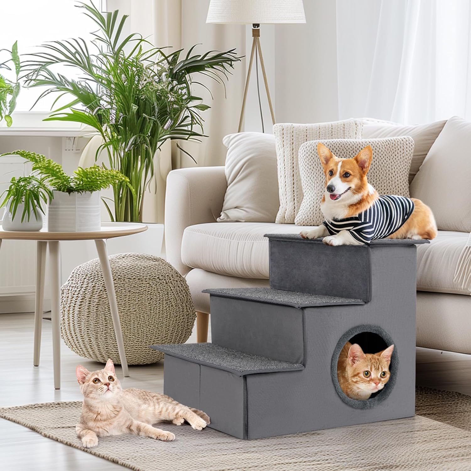 Scala per Cani con Cuccia, Rampe Pieghevole a 3 Gradini con Fondo Antiscivolo per Letti e Divani, Casa per Animali Domestici, Grigio, 42 x 21 x 44 cm