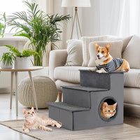 Scala per Cani con Cuccia, Rampe Pieghevole a 3 Gradini con Fondo Antiscivolo per Letti e Divani, Casa per Animali Domestici, Grigio, 42 x 21 x 44 cm