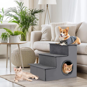 Scala per Cani con Cuccia, Rampe Pieghevole a 3 Gradini con Fondo Antiscivolo per Letti e Divani, Casa per Animali Domestici, Grigio, 42 x 21 x 44 cm