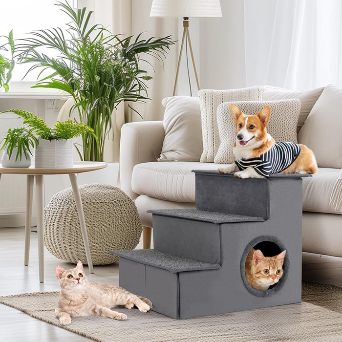 Scala per Cani con Cuccia, Rampe Pieghevole a 3 Gradini con Fondo Antiscivolo per Letti e Divani, Casa per Animali Domestici, Grigio, 42 x 21 x 44 cm