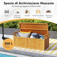 Baule Cassapanca 210 Litri in Legno di Abete, Baule Contenitore da Giardino con Pannello Inferiore Staccabile, Cassapanca Multiuso di Stoccaggio a 2 Posti con 2 Braccioli, da Interno e Esterno
