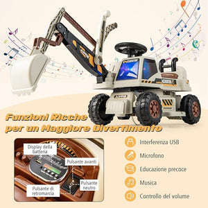 Escavatore Cavalcabile per Bambini, Ruspa Cavalcabile con Sedile Scomparto Portaoggetti, Funzione di Musica e di Educativa, Regalo per Bambini 3 Anni+ (Grigio)