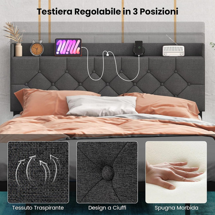 Struttura Letto Matrimoniale con Luci LED, Letto a Piattaforma con Testiera Imbottita Regolabile e Stazione di Ricarica, Letto Moderno in Metallo, Silenzioso, Carico 300kg (200 x 140cm)