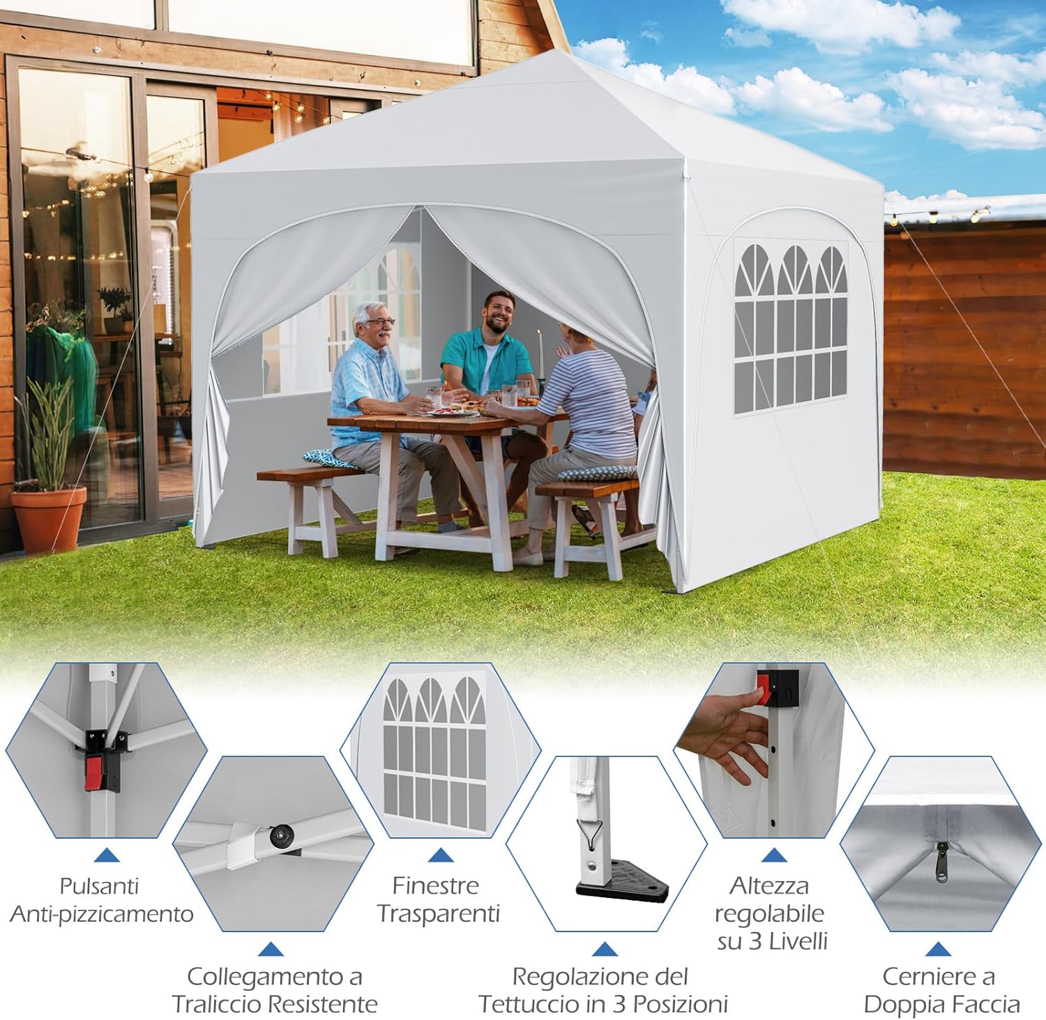 Gazebo Piehevole da Esterno 3 x 3 m, Gazebo Regolabile in Altezza con Pareti Rimovibili, Borsa con Ruote, Picchetti, Ancoraggi, Corde Vento e Sacchi di Sabbia, Tendone per Giardino (Bianco)