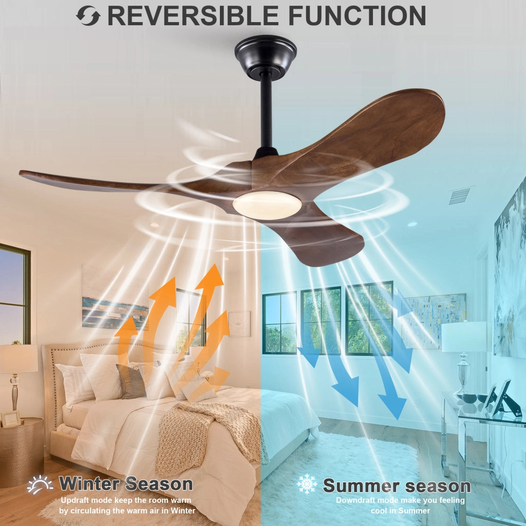 Ventilatore da soffitto 42 pollici con luce, 3 pale legno massello, 3CCT, motore DC silenzioso reversibile, telecomando, moderno