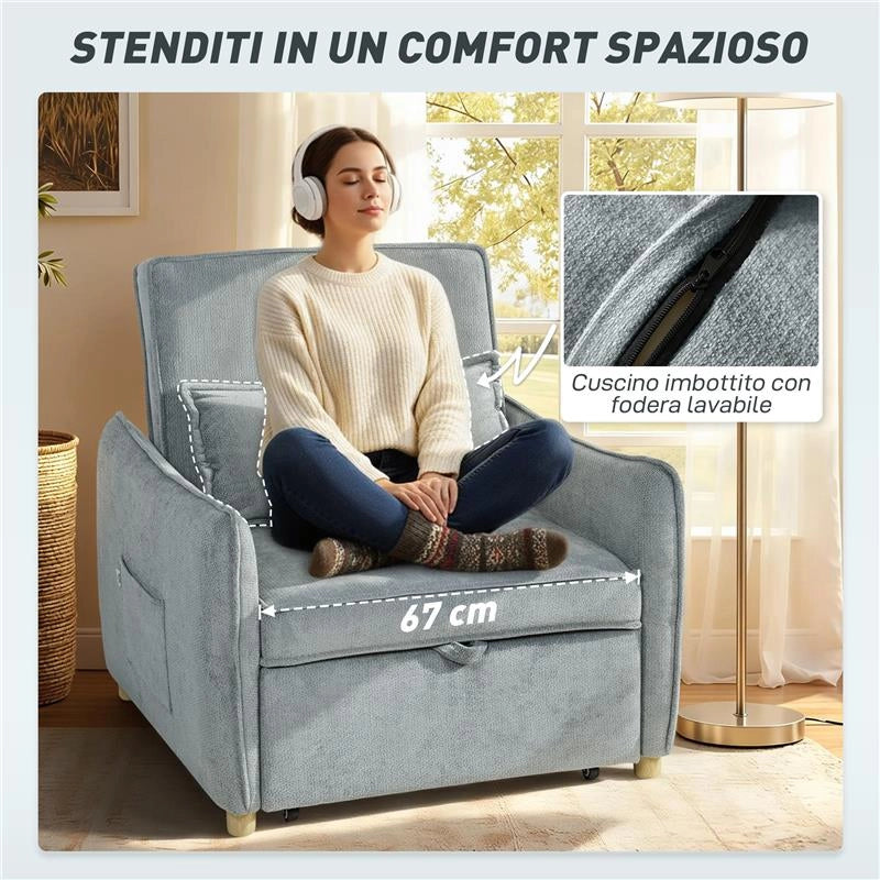 POLTRONA LETTO 3 IN 1 CON SCHIENALE RECLINABILE E CUSCINO, RIVESTIMENTO IN CINIGLIA, 88X84X87 CM, GRIGIO
