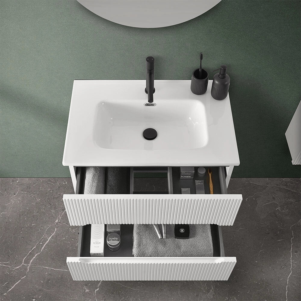 Mobiletto bagno sospeso cannettato 70 cm bianco opaco con top Bali